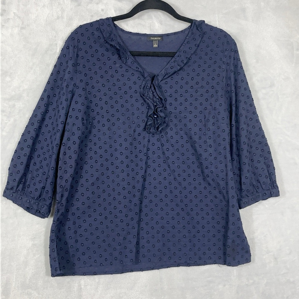Talbots L‎ Popover Blouse Navy Cotton 3/4 Sleeve Textured Office Minimalist